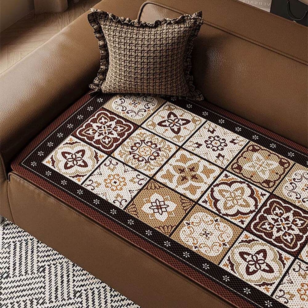 Closeup of breathable ice silk sofa cover with bohemian print, soft texture for enhanced comfort.