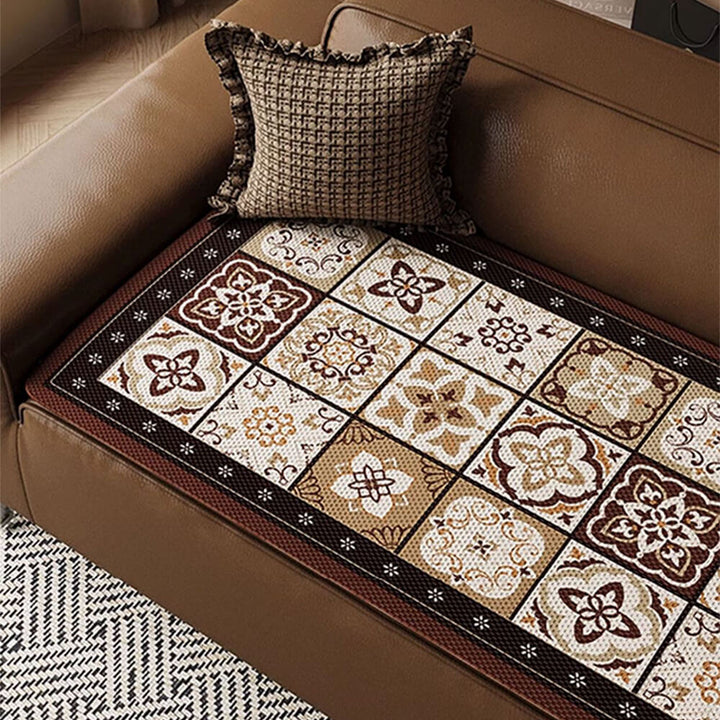 Closeup of breathable ice silk sofa cover with bohemian print, soft texture for enhanced comfort.
