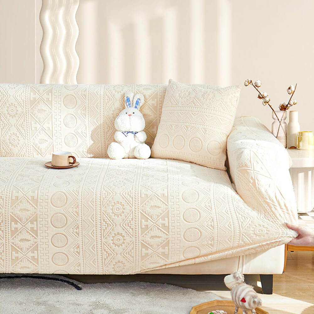 Close-up of Bohemian Jacquard Stretch Sofa Slipcover fabric, durable & washable