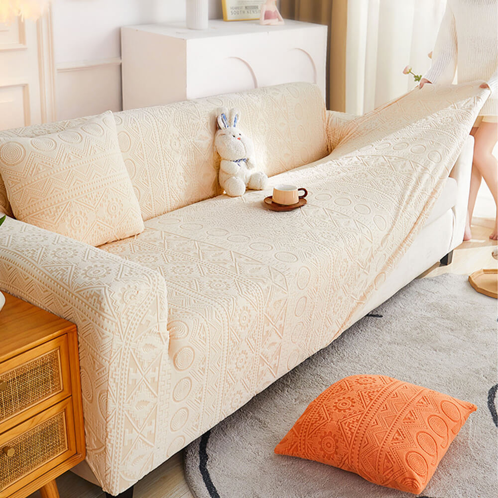 Full view of sofa with Bohemian Jacquard Stretch Slipcover, antislip feature