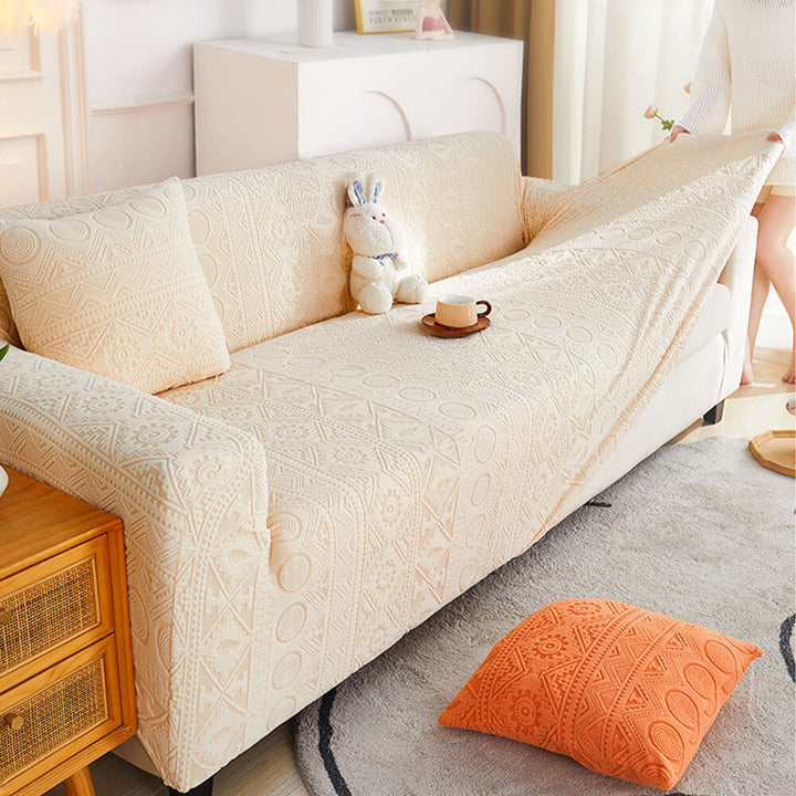 Full view of sofa with Bohemian Jacquard Stretch Slipcover, antislip feature