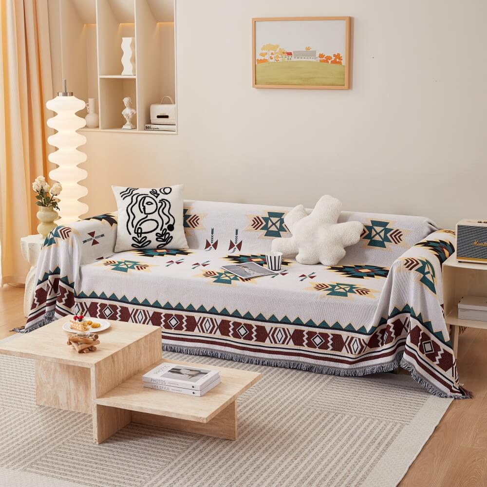 Versatile Bohemian sofa protector, blends style with exceptional durability