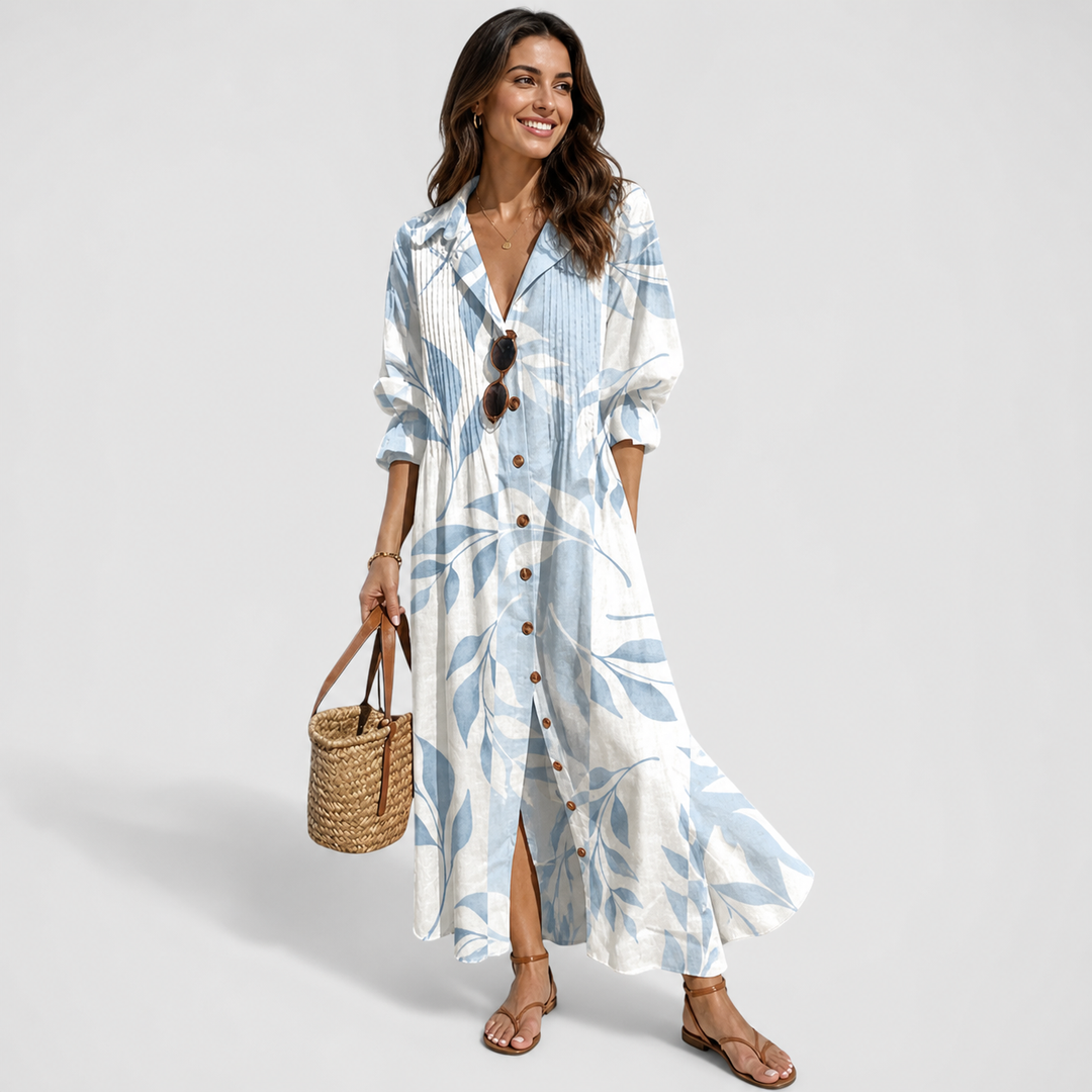 Bohemian printed button-front maxi dress for women, with long sleeves and a flowing skirt, perfect for summer vacations.