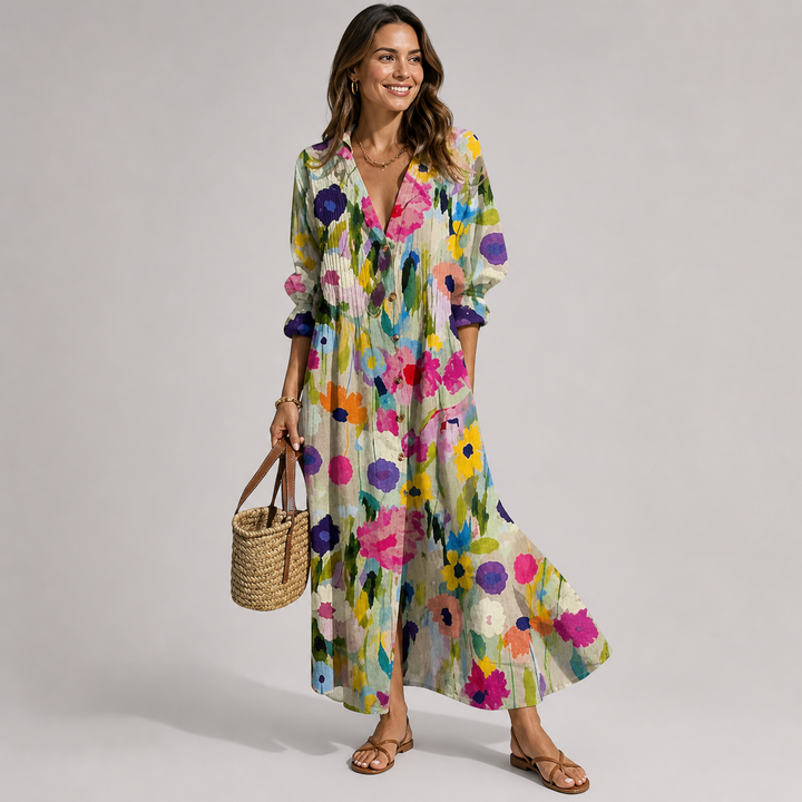Women's elegant V-neck bohemian maxi dress with floral print and button front, ideal for resort wear.