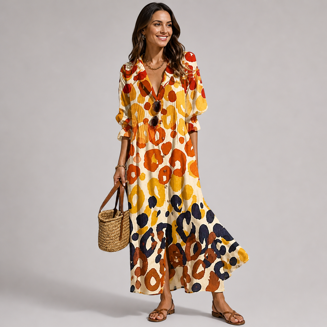 Casual women's long sleeve bohemian maxi dress with vibrant print and button-down front, comfortable and stylish.