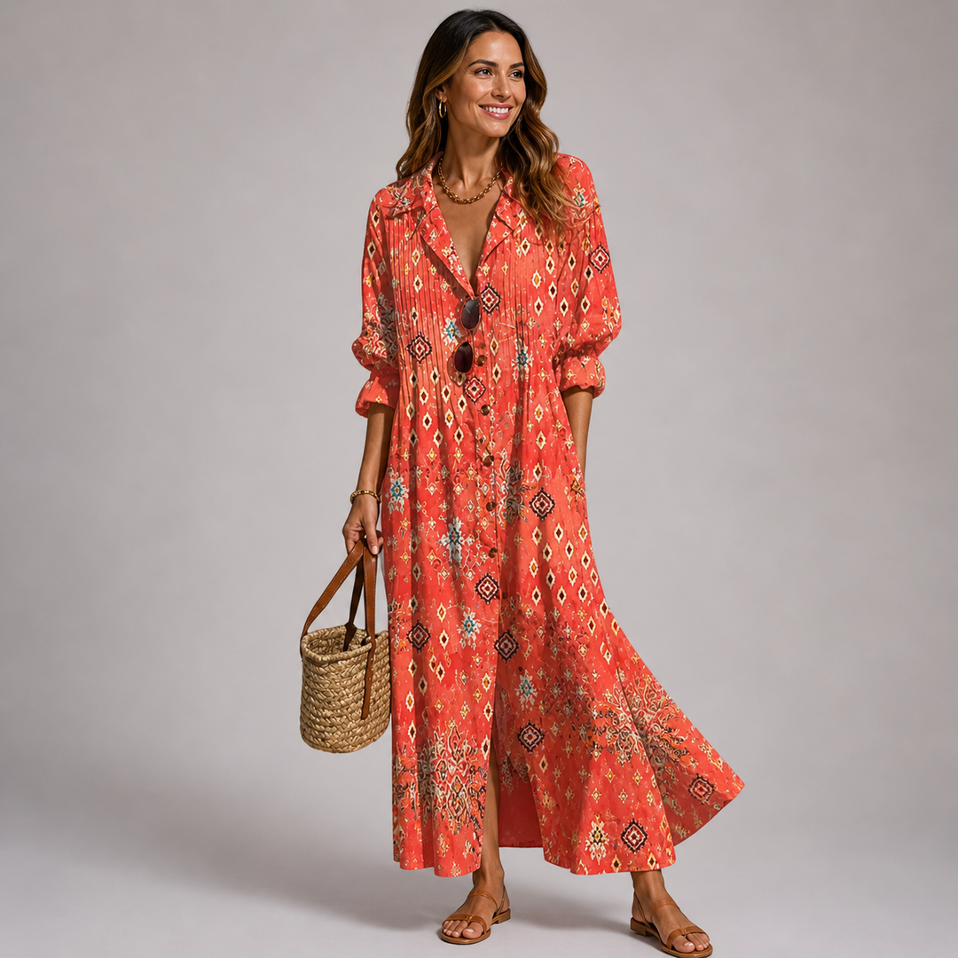 Vibrant printed long sleeve maxi dress for women, featuring a bohemian pattern and button-front closure.