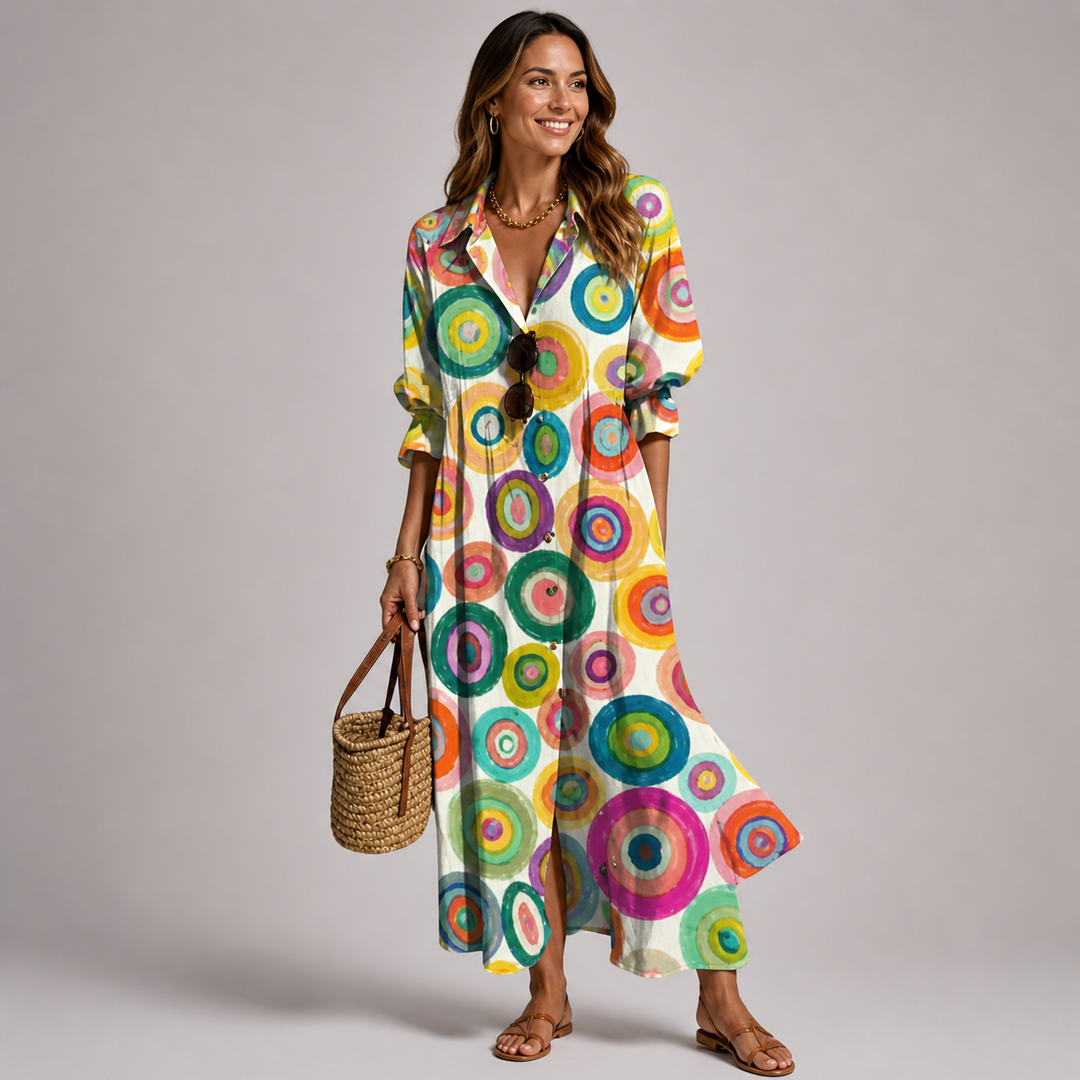 Elegant women's bohemian button-front maxi dress with a unique print, versatile for summer or resort wear.
