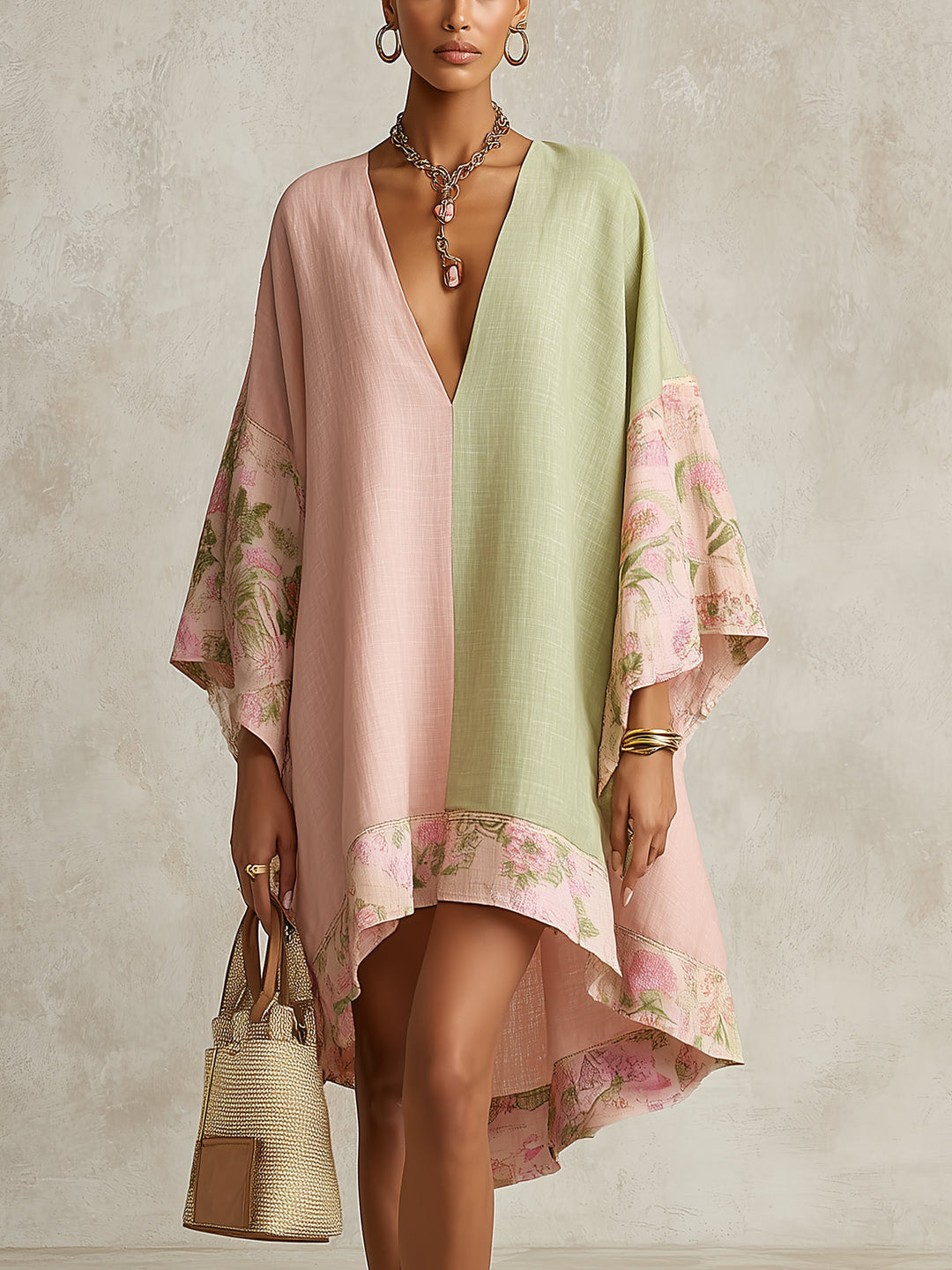 Boho color block V-neck kaftan maxi dress with flowing fabric for women. Perfect for beach or resort wear.