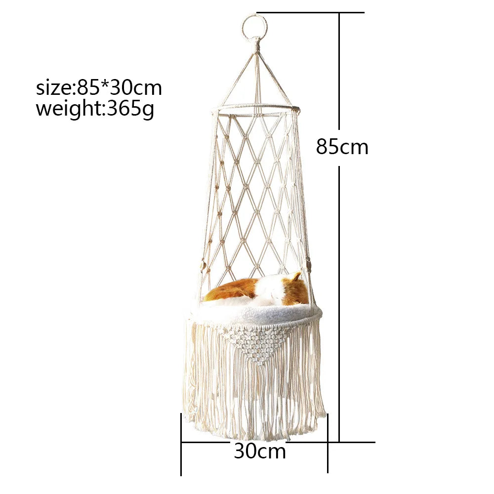 Macrame cat hanging bed with a beige cushion, perfect pet furniture for a bohemian home