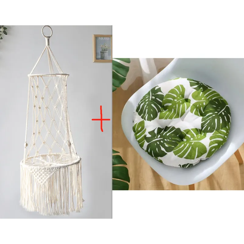 Detailed view of a macrame pet hammock and its soft cushion, ideal for a cozy cat bed
