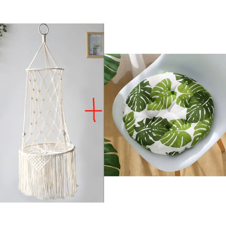 Detailed view of a macrame pet hammock and its soft cushion, ideal for a cozy cat bed