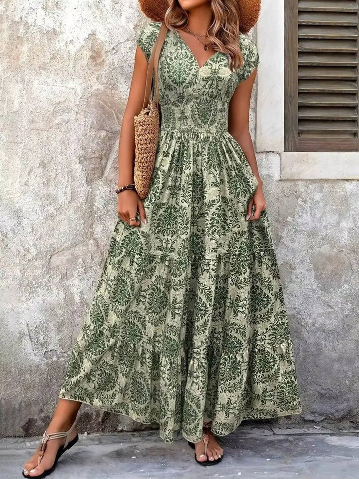 Flowy V-neck maxi dress for women, ideal for casual summer days, resort, or an elegant occasion.