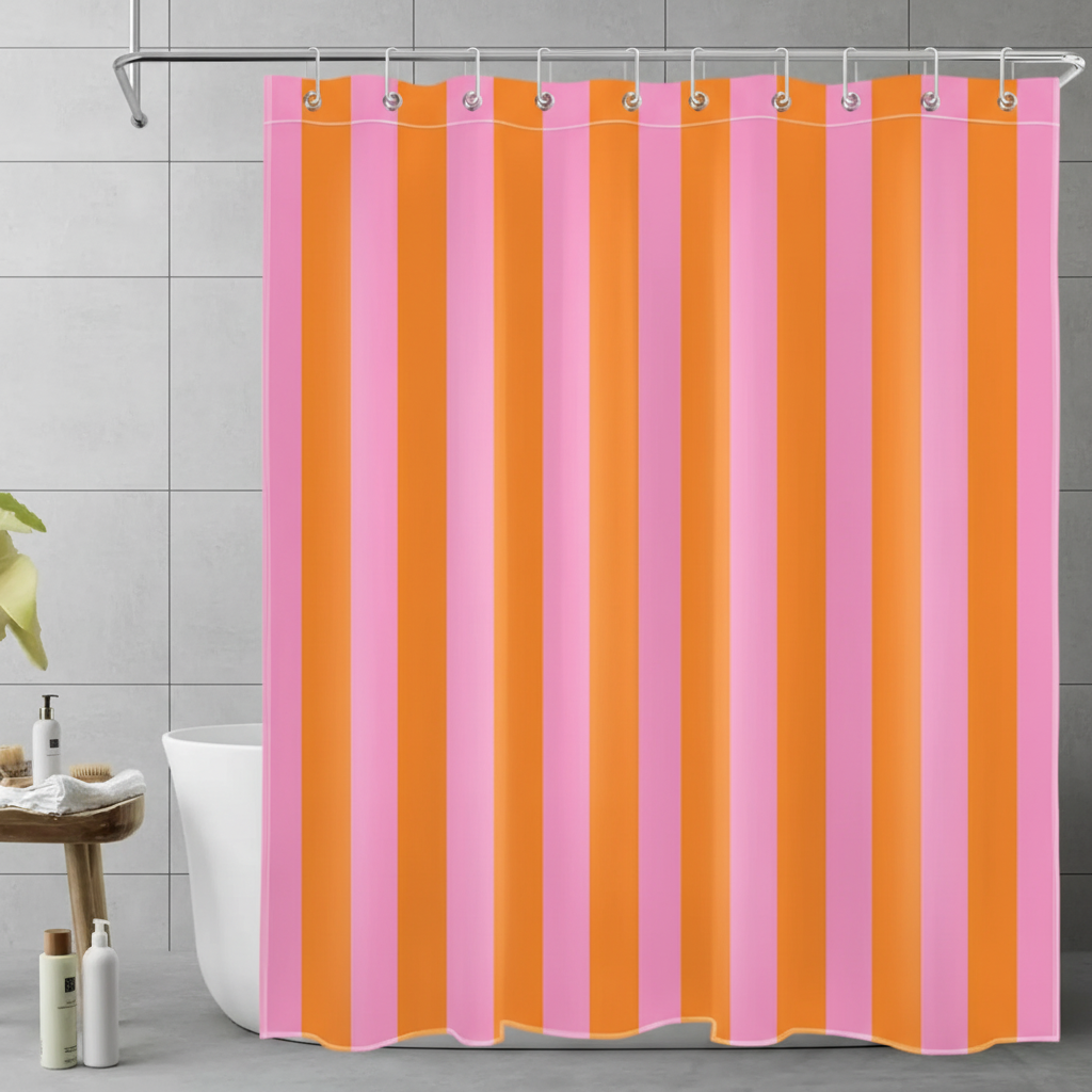 Boho striped fabric shower curtain for modern bathroom decor. Water-repellent and quick-dry.