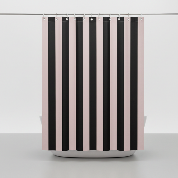 Modern boho striped water-repellent fabric shower curtain, a quick-dry and decorative bathroom piece.