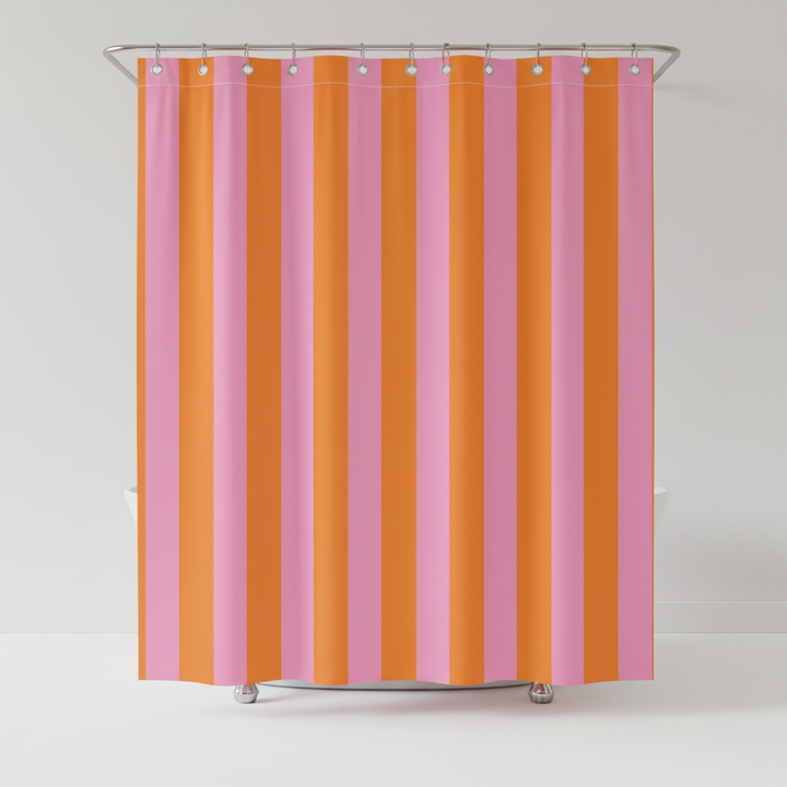 Colorful boho striped fabric shower curtain for modern bathrooms, easy to clean and install.