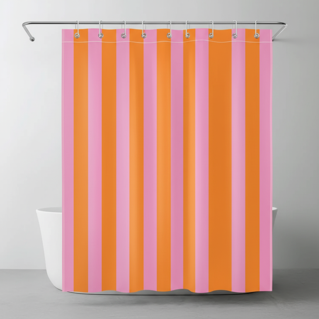 Modern boho striped textile shower curtain, perfect for contemporary bathroom decor. Easy install.