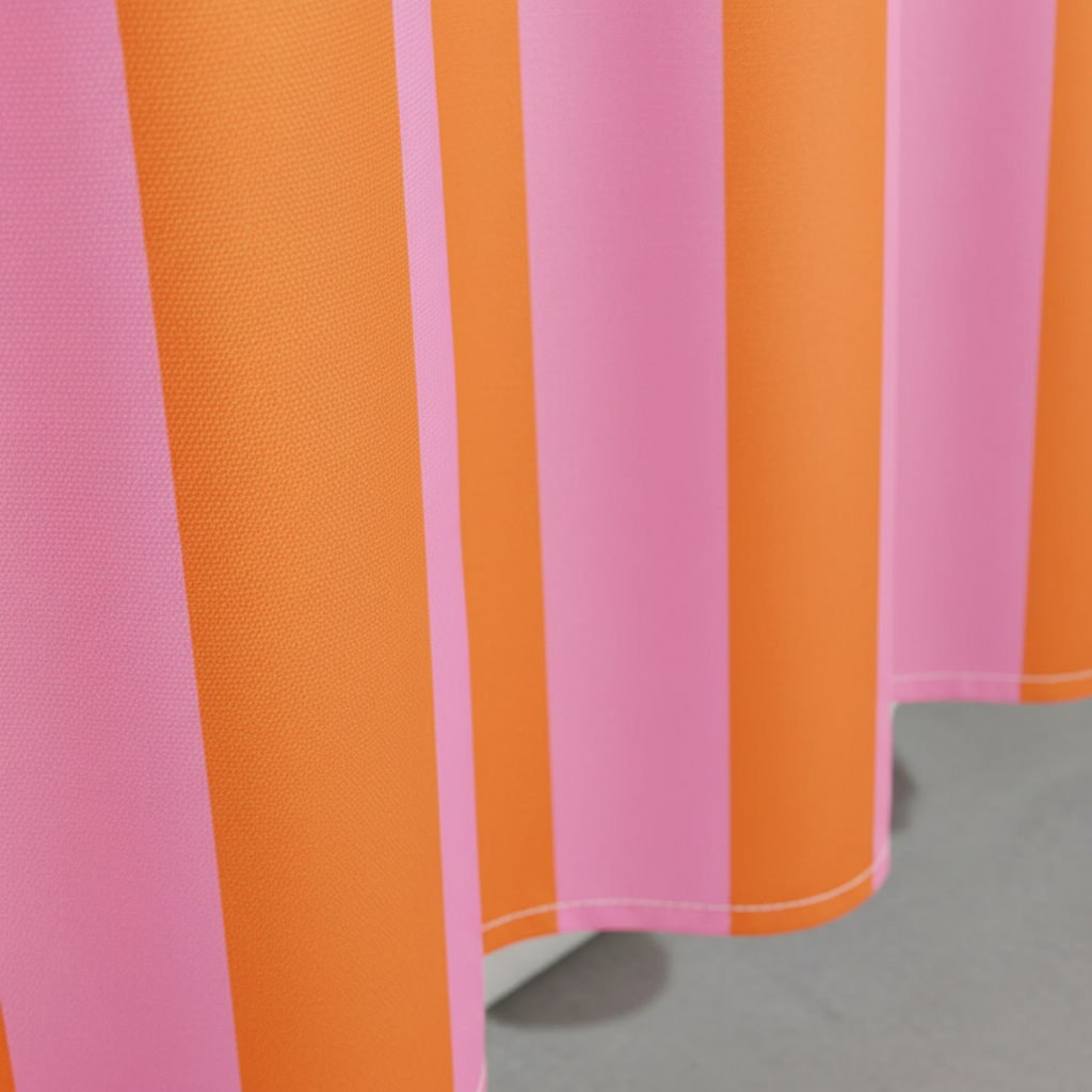 Colorful striped fabric shower curtain with boho design, adding vibrant style to modern bathrooms.
