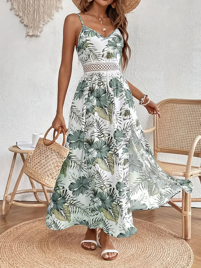 Boho tropical print maxi dress with V-neck, perfect for women attending a summer wedding or beach party.