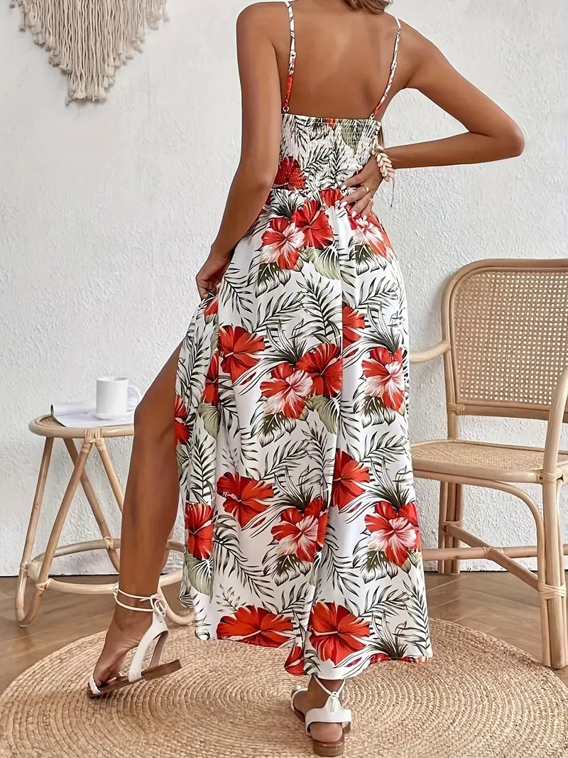 Elegant women's A-line boho tropical maxi dress with a flattering V-neck, suitable for summer and wedding guests.