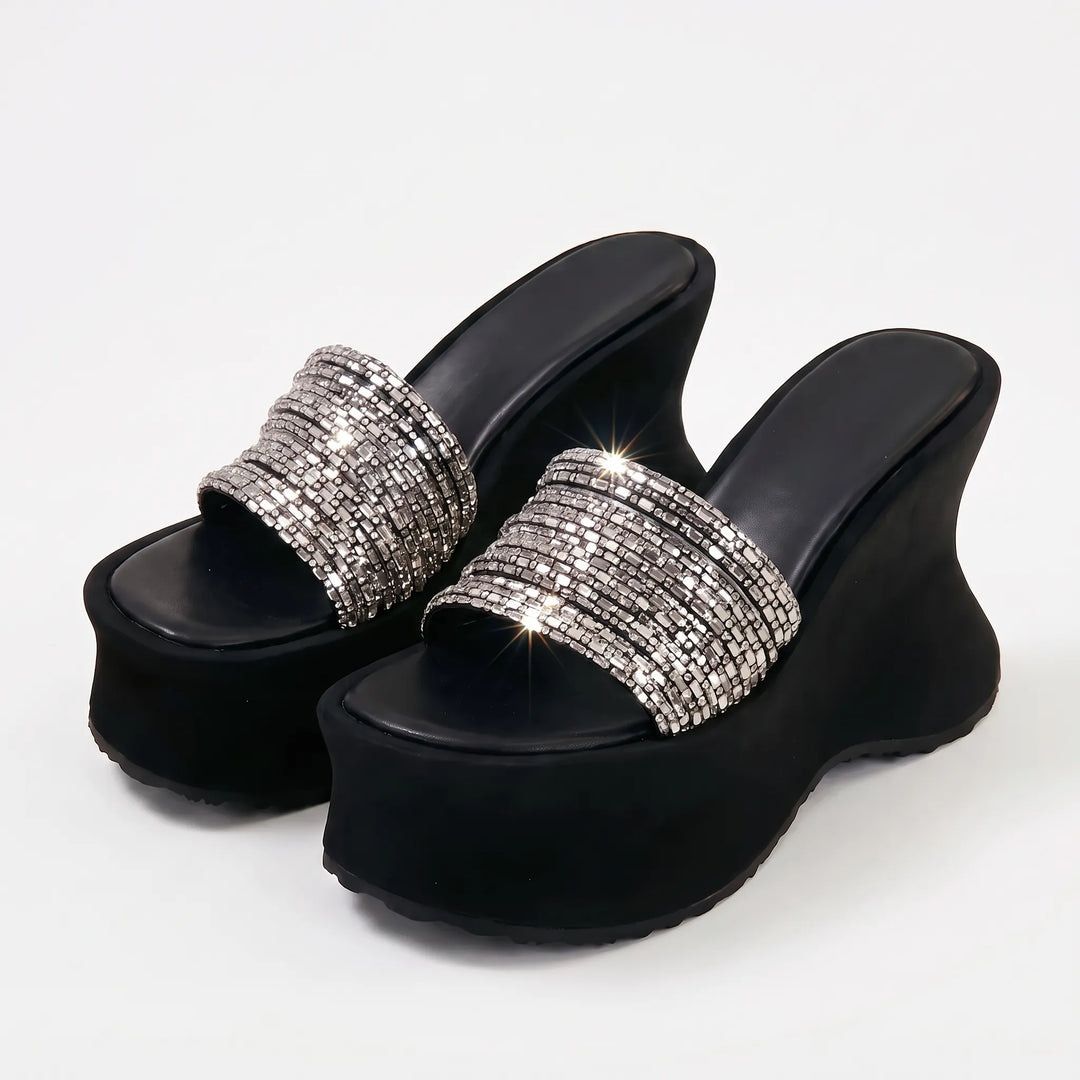Trendy women's animal print platform sandals, high chunky wedge heel, chic evening shoes.