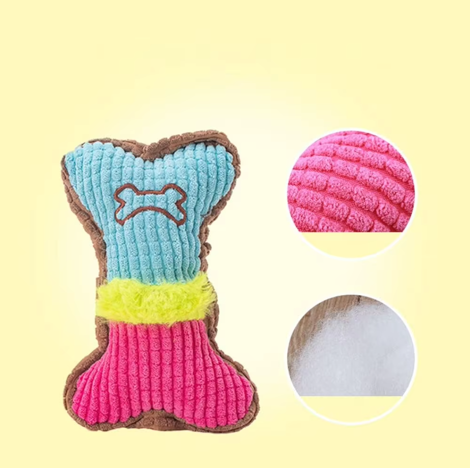 Bone-shaped dog toy, chew-resistant, soft texture with an engaging squeaker