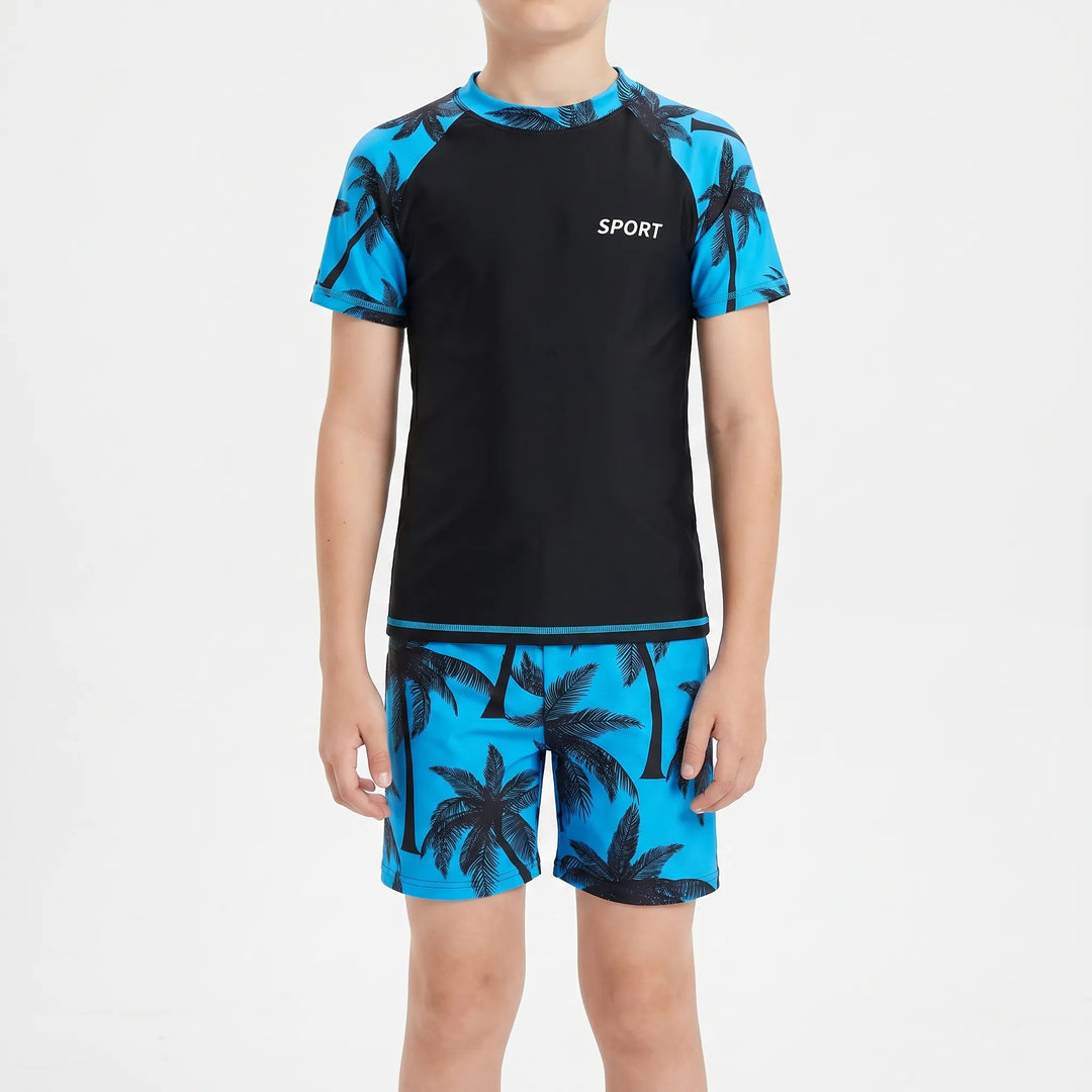 Youth boys' short sleeve two-piece swim set, perfect for summer fun & water sports.