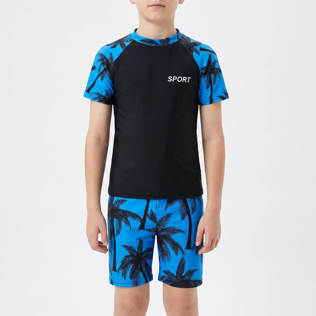 Comfortable boys' two-piece swimsuit, short sleeve top & shorts for active water play.