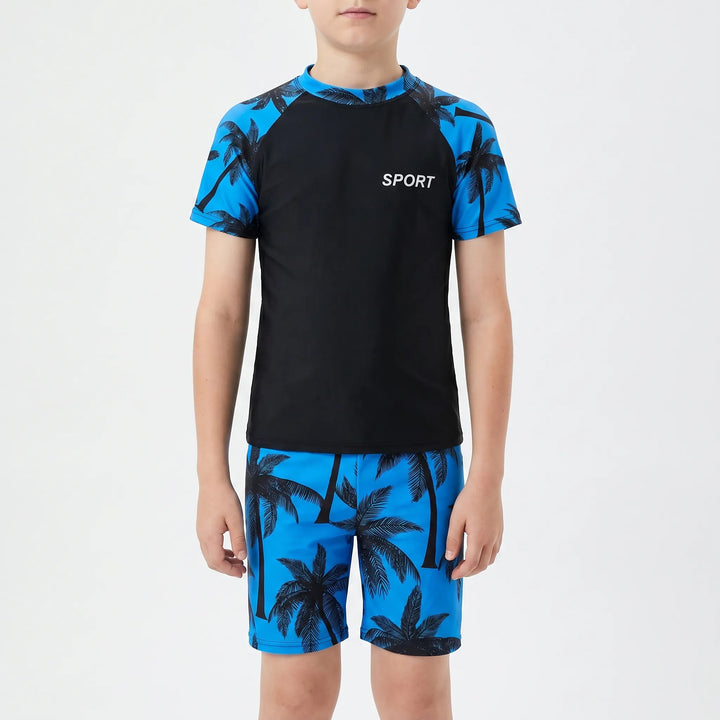 Comfortable boys' two-piece swimsuit, short sleeve top & shorts for active water play.
