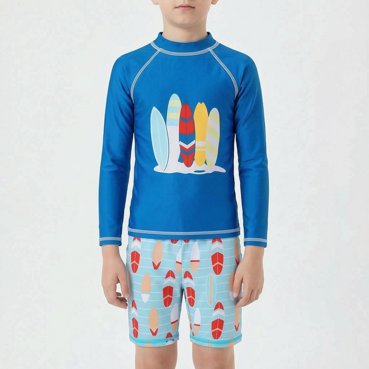 Stylish boys' two-piece swimwear set, essential youth beachwear for active water play.