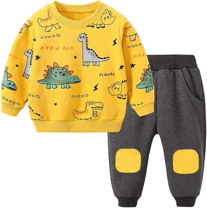 Boys' adventure dinosaur outfit set for playful kids. Comfy t-shirt & shorts. Ideal for casual wear.