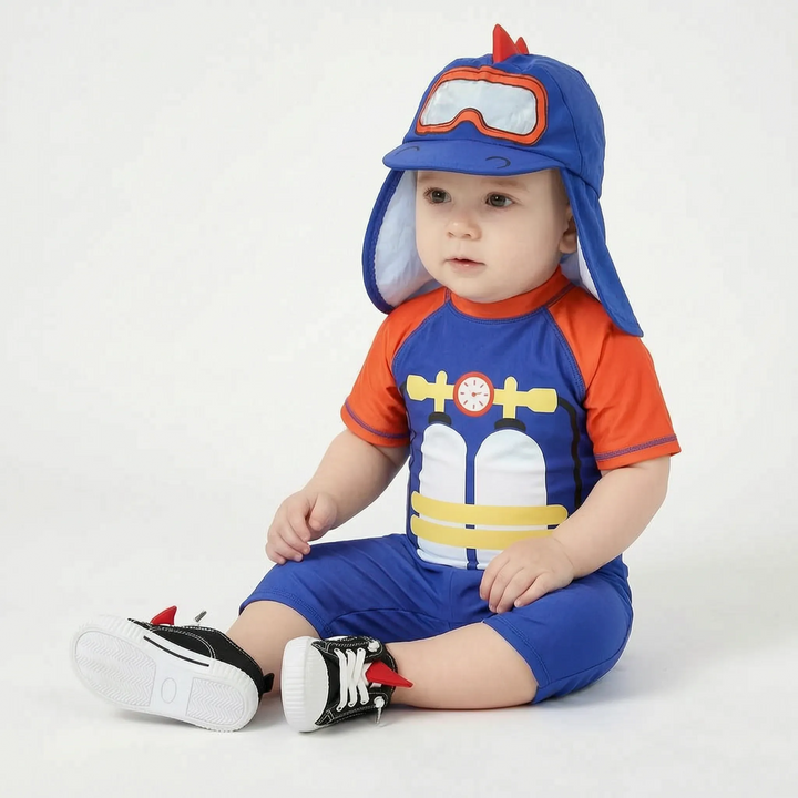 Full sun protection for boys: cartoon print UPF 50+ rashguard swimwear set with matching toddler swim hat.