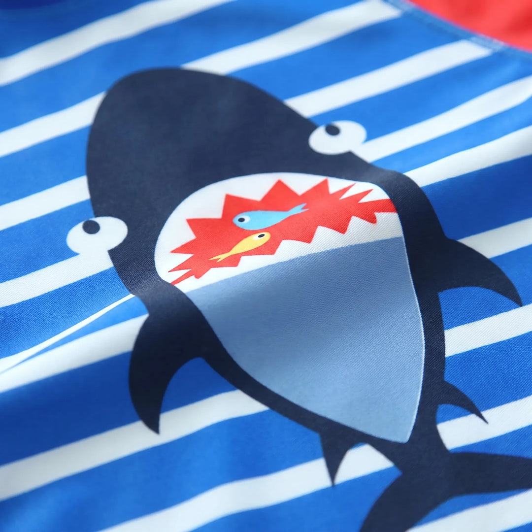 Kids' cartoon print swim hat & quick-dry boys swimwear set, offering UPF 50+ sun protection for toddlers.