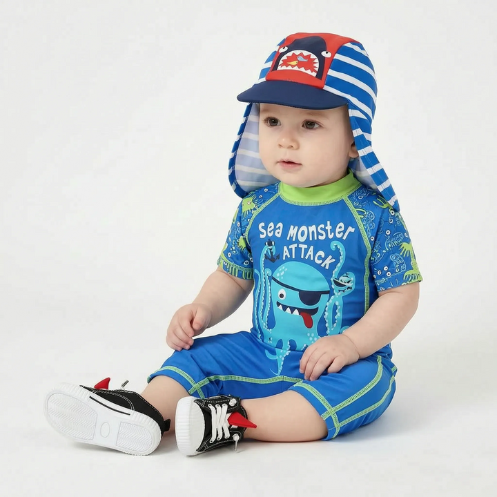 Boys' beach & pool swimwear set with UPF 50+ sun protection. Includes cartoon rashguard & matching swim hat.