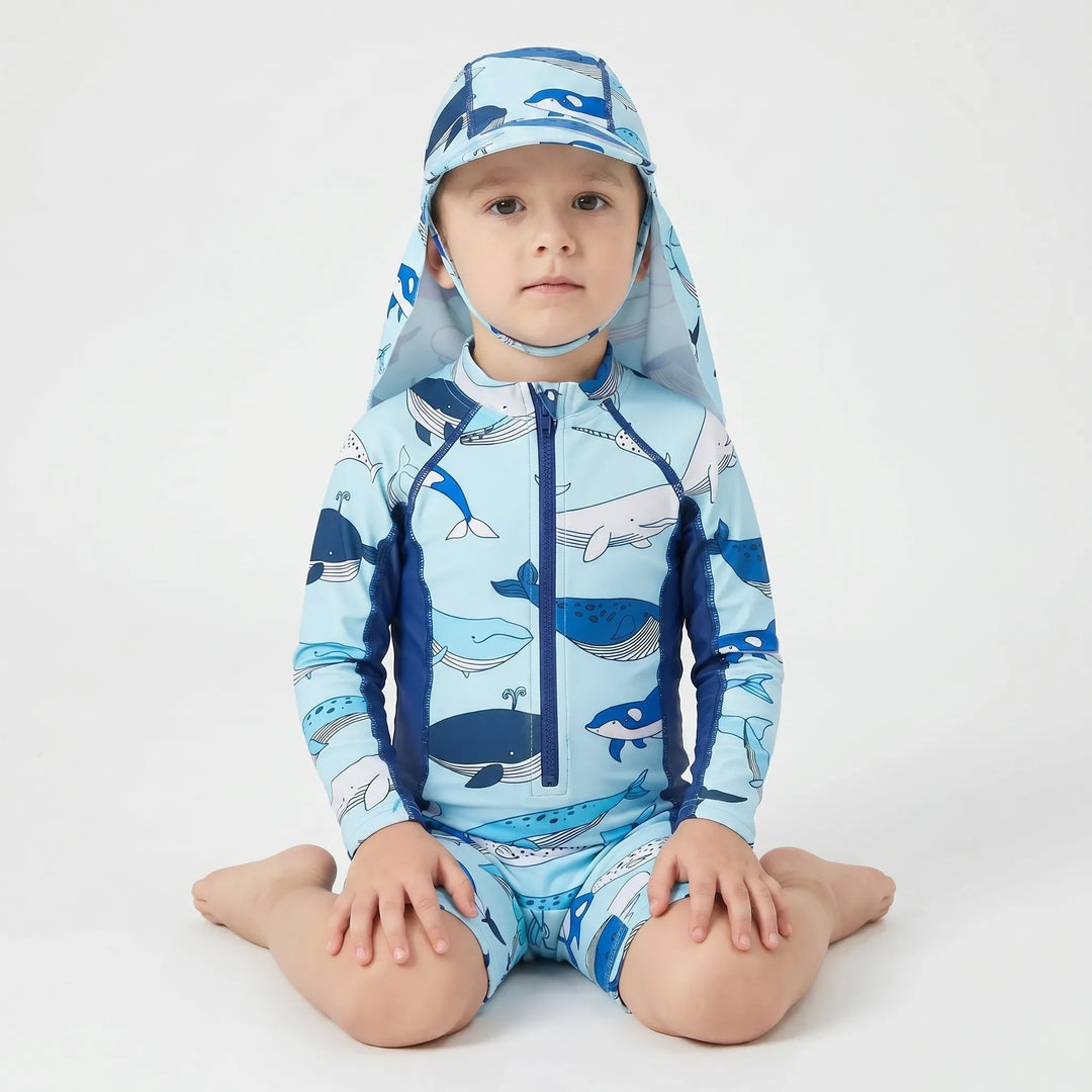 Stylish cartoon boys' rashguard swimwear & hat set. UPF 50+ protection for comfortable toddler beach/pool play.