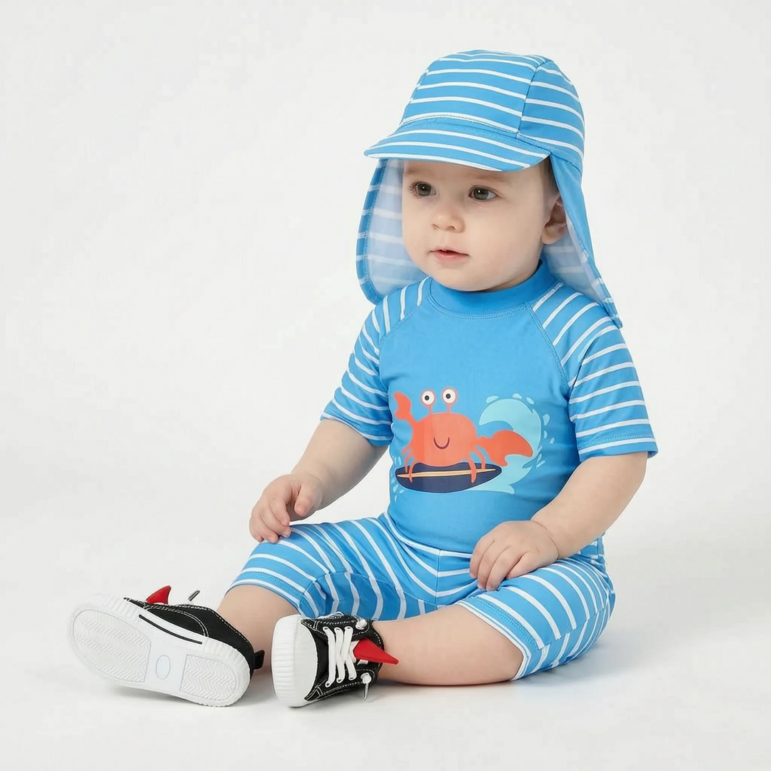 Boys' UPF 50+ cartoon swimwear set with rashguard & sun hat. Ideal quick-dry toddler pool & beach outfit.