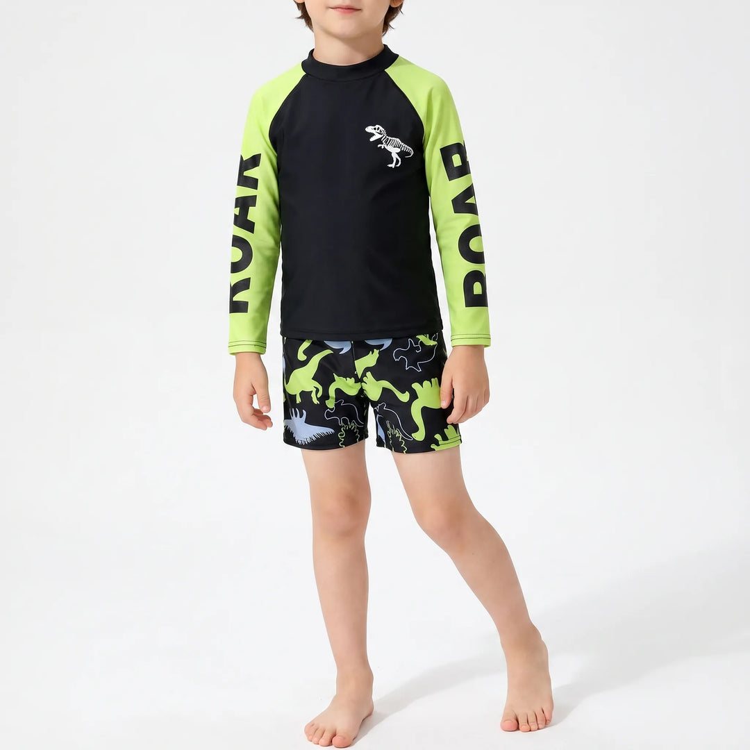 Toddler boys' dinosaur print long sleeve rash guard & swim shorts set. Perfect for summer sun protection.