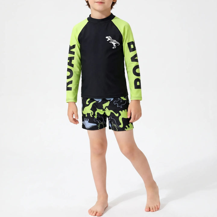 Toddler boys' dinosaur print long sleeve rash guard & swim shorts set. Perfect for summer sun protection.