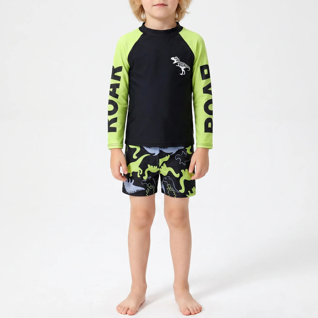 Vibrant boys' dinosaur print long sleeve swimwear. UV protection, ideal for beach, pool, and outdoor play.