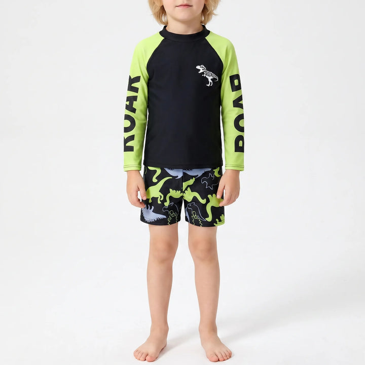 Vibrant boys' dinosaur print long sleeve swimwear. UV protection, ideal for beach, pool, and outdoor play.