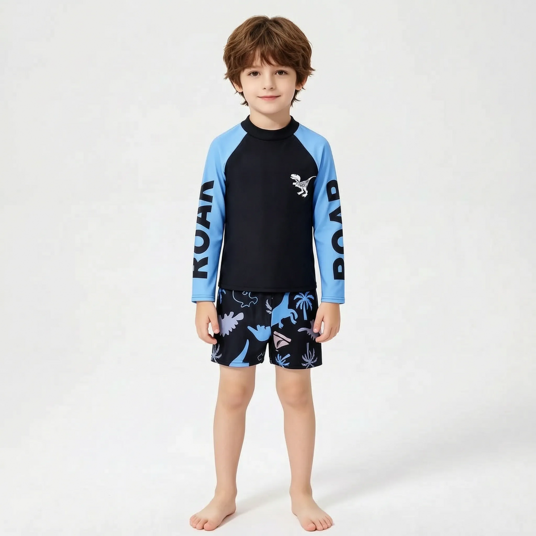 Cute boys' dinosaur rash guard swimwear set with long sleeves and swim shorts for ultimate sun safety.