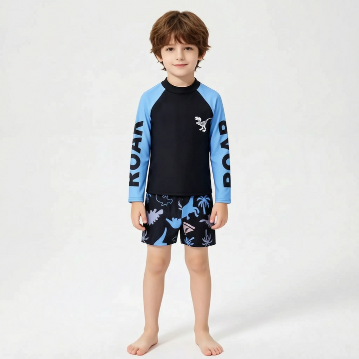Cute boys' dinosaur rash guard swimwear set with long sleeves and swim shorts for ultimate sun safety.