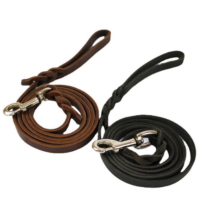 Brown braided leather dog leash, adjustable, for pet training and secure daily walks