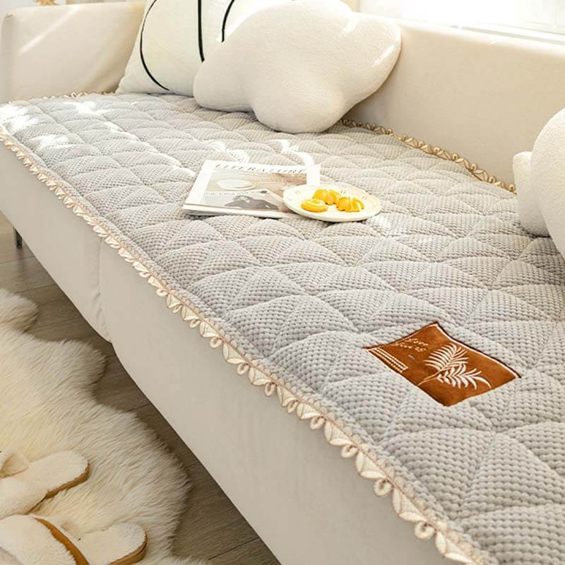 Non-slip bread shape couch cover in light brown chenille, ideal for home decor