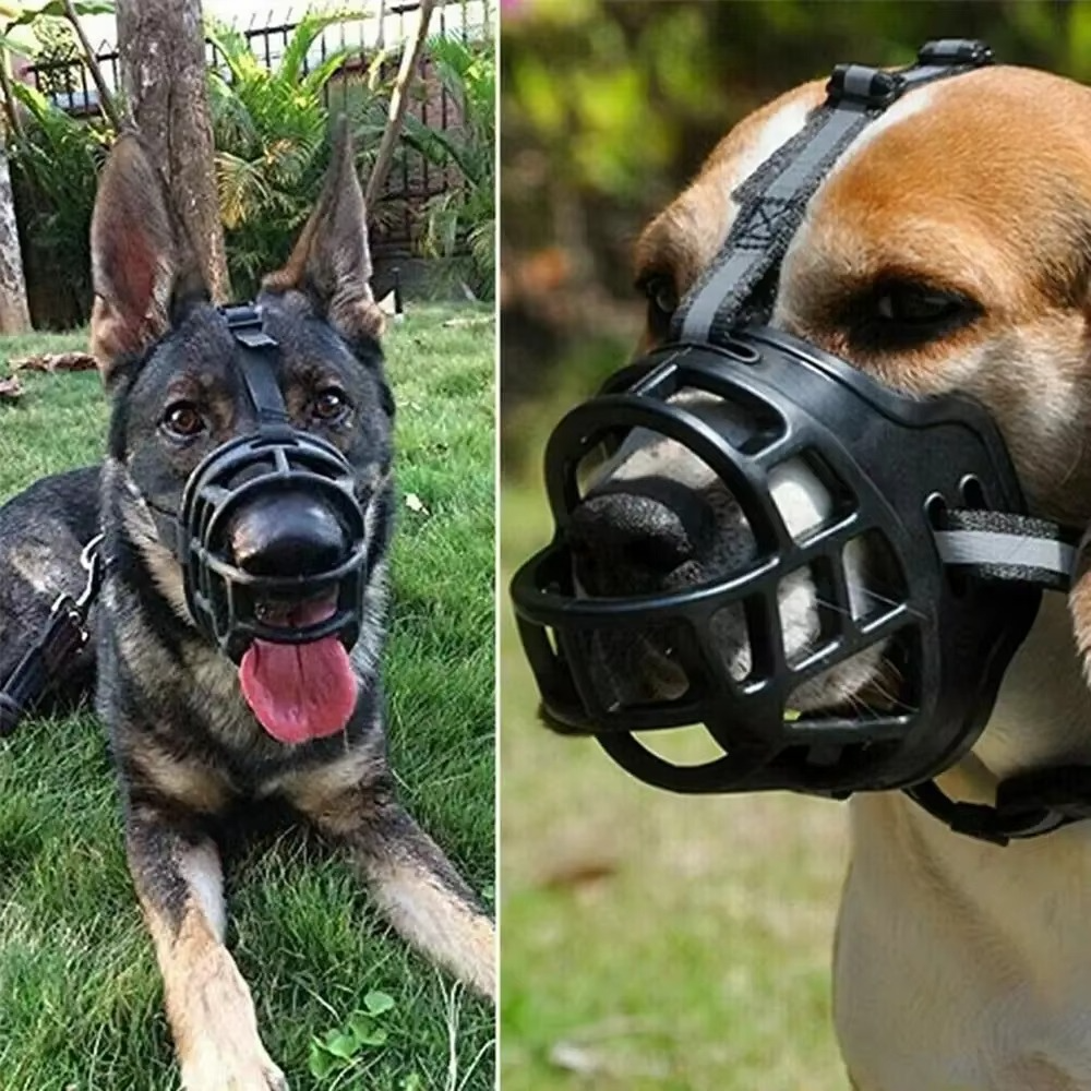 Reflective, breathable dog muzzle for safe walks & training. Adjustable anti-bite pet safety accessory.