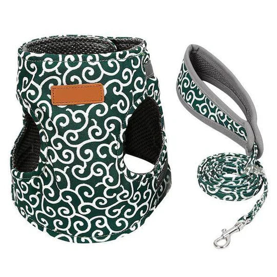 Cute cat harness and leash combo in a playful pattern, ideal for daily walks and exploring the outdoors with your pet.