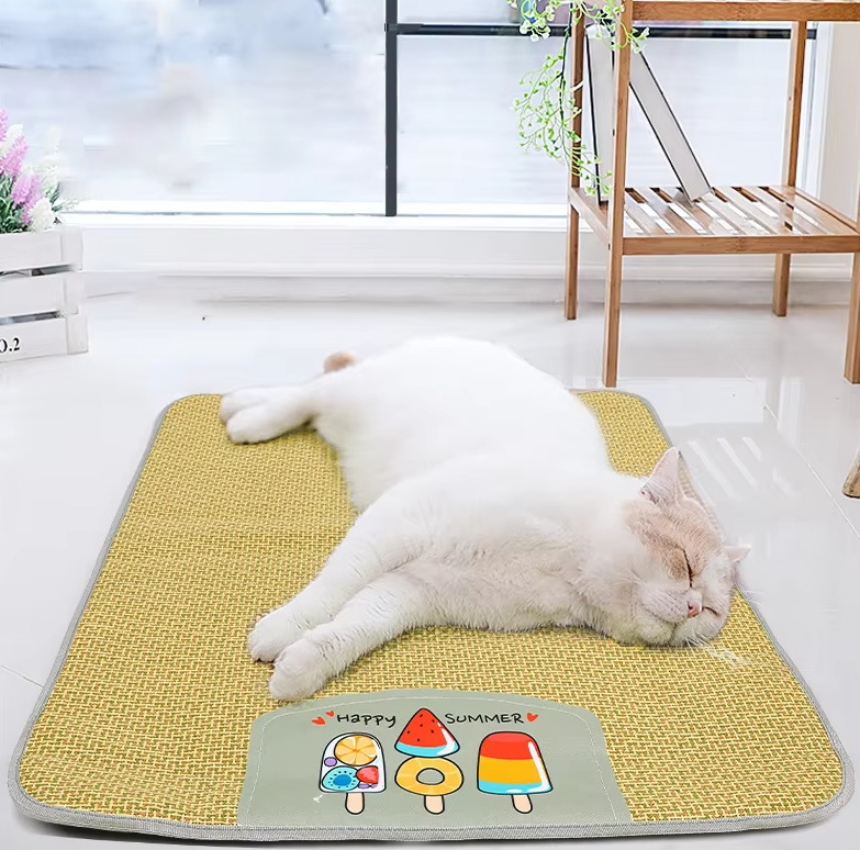Breathable rattan pet cooling mat for dogs and cats, providing summer heat relief on a wooden floor.