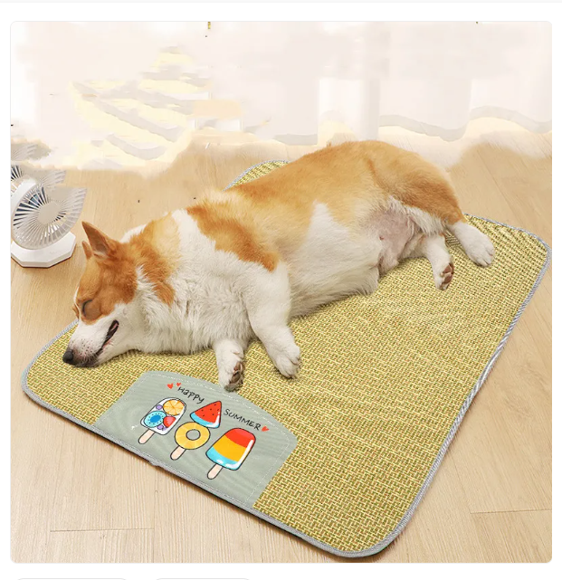 Portable and breathable pet cooling mat, ideal for travel or home, made of rattan