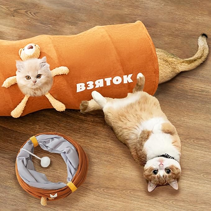 Brown & gray foldable cat play tunnel for interactive pet fun & enrichment
