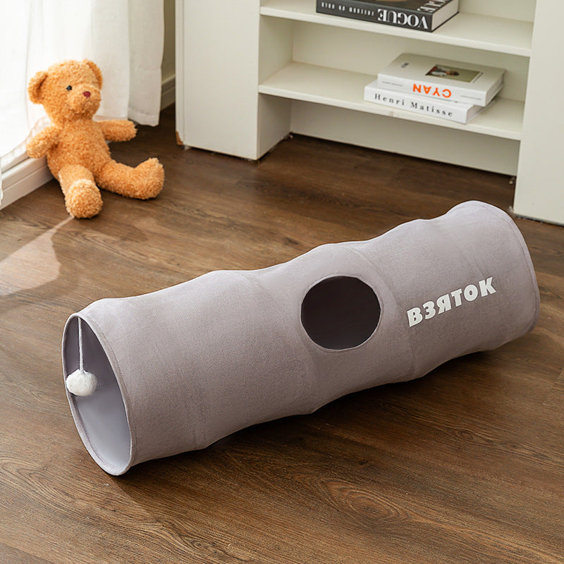 Interactive cat play tunnel, brown and gray, with multiple openings for enrichment