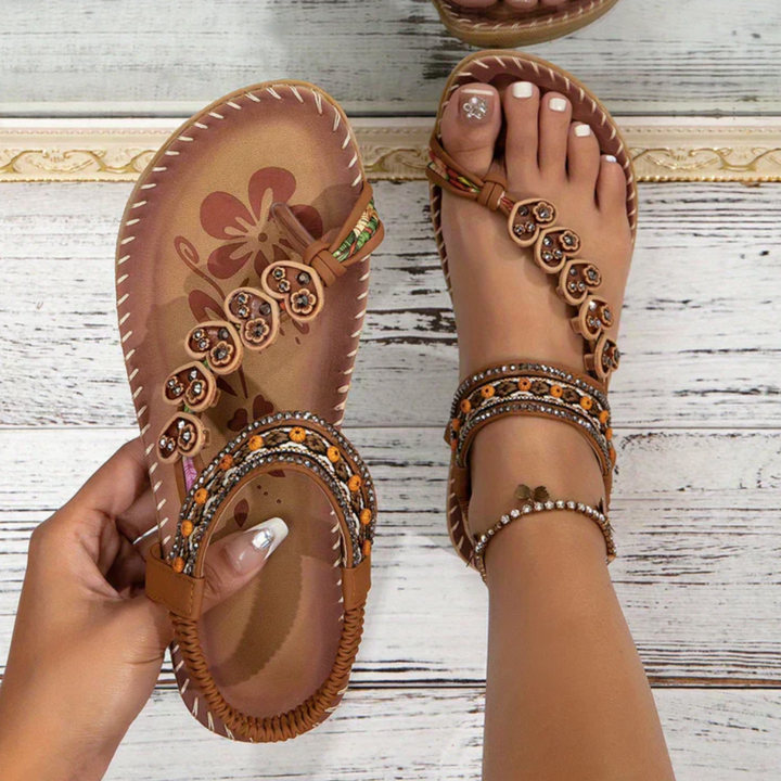 Brown Solara women's beach sandals, stylish & comfortable. Perfect for summer vacations & casual wear.